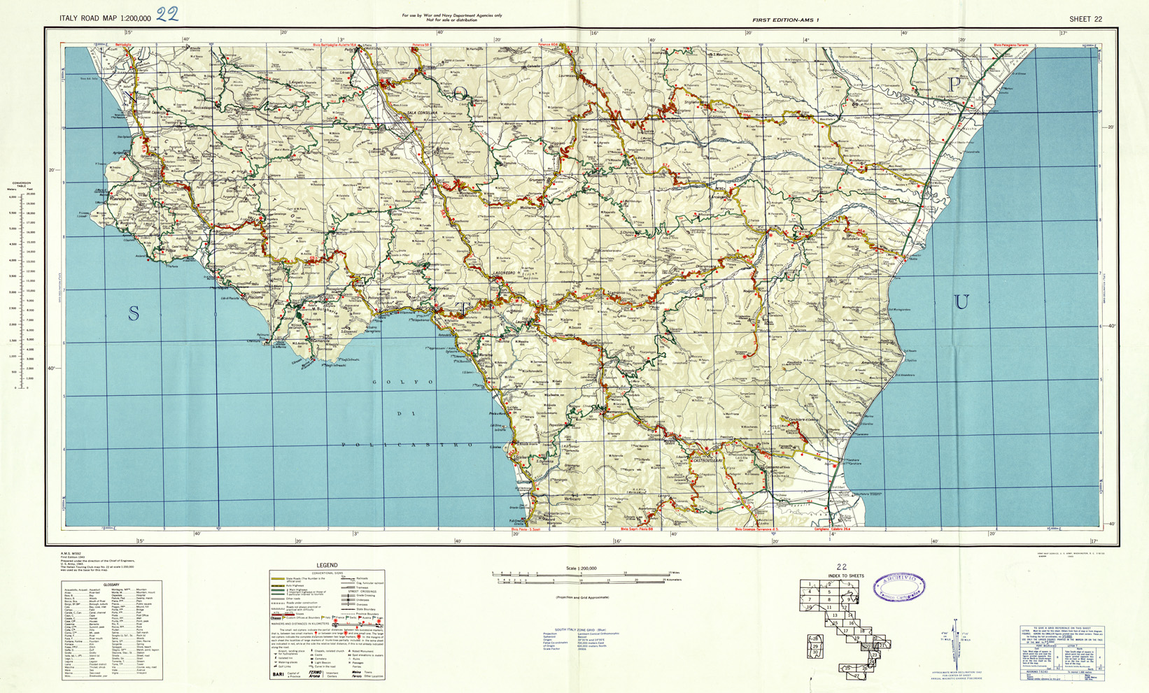 (N:33829) ITALY ROAD MAP - SHEET 22. (SE008147) Carte e stampe antiche: riproduzione a colori su carta (formato A1)