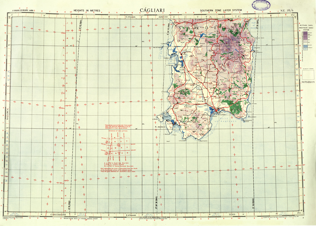 (N:33841) EUROPA CARTA AERONAUTICA INGLESE FOGLIO N E 38/6 CAGLIARI 
 (SE008220) Carte e stampe antiche: riproduzione a colori su carta (formato A1)