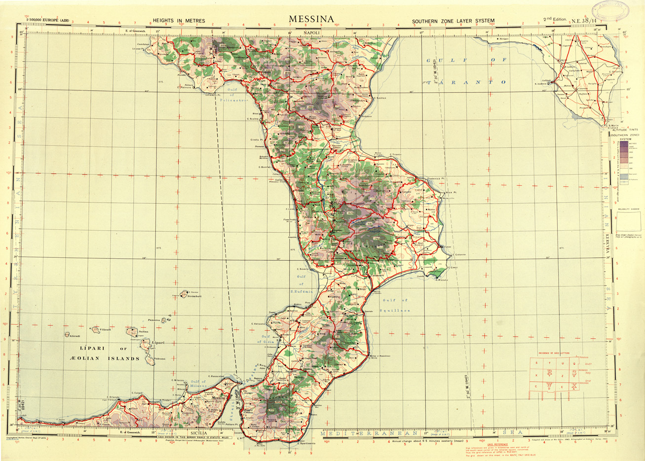 (N:33842) EUROPA CARTA AERONAUTICA INGLESE FOGLIO N E 38/14  MESSINA
 (SE008221) Carte e stampe antiche: riproduzione a colori su carta (formato A1)