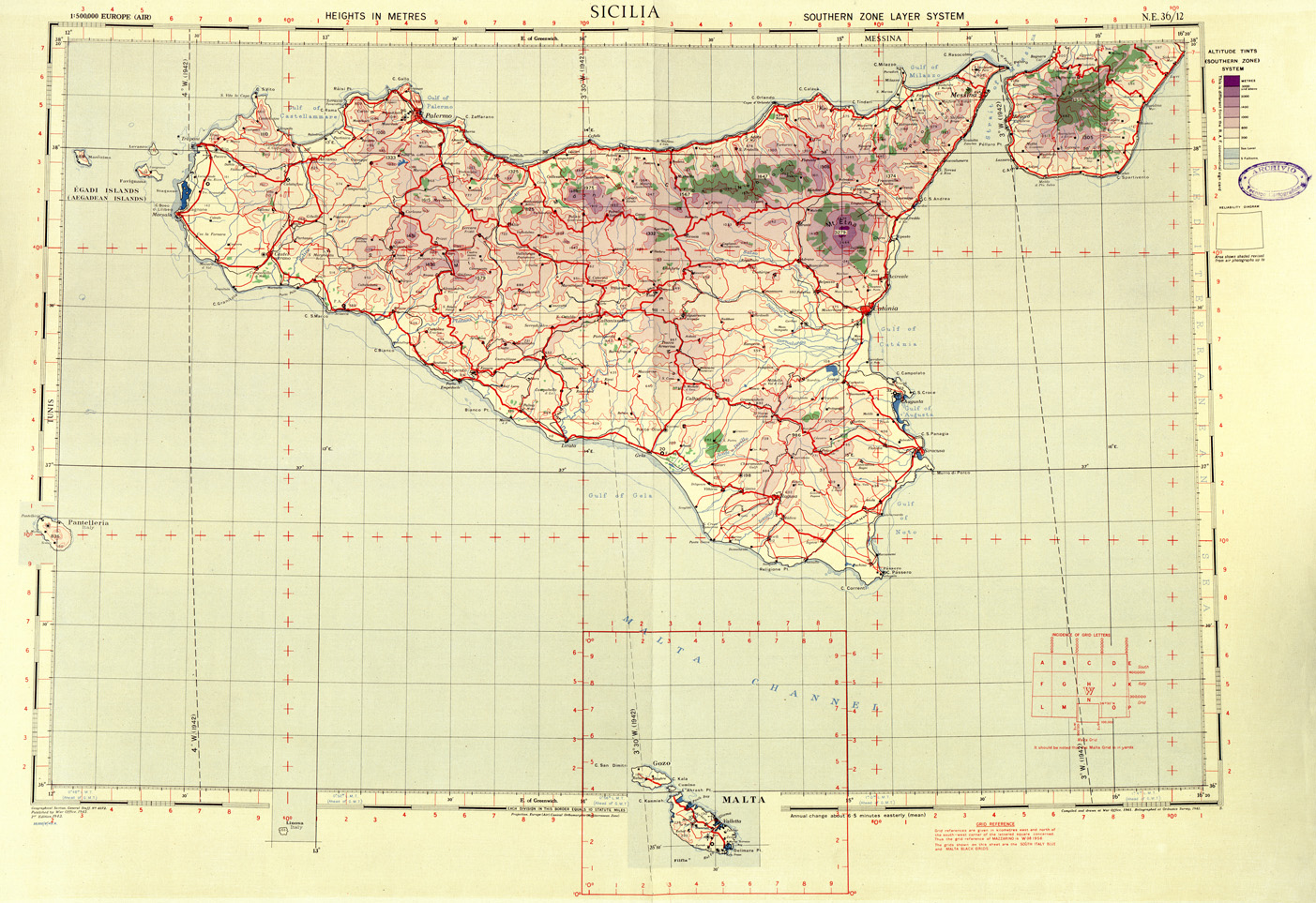 (N:33843) EUROPA CARTA AERONAUTICA INGLESE FOGLIO N E 36/12 SICILIA 
 (SE008222) Carte e stampe antiche: riproduzione a colori su carta (formato A1)