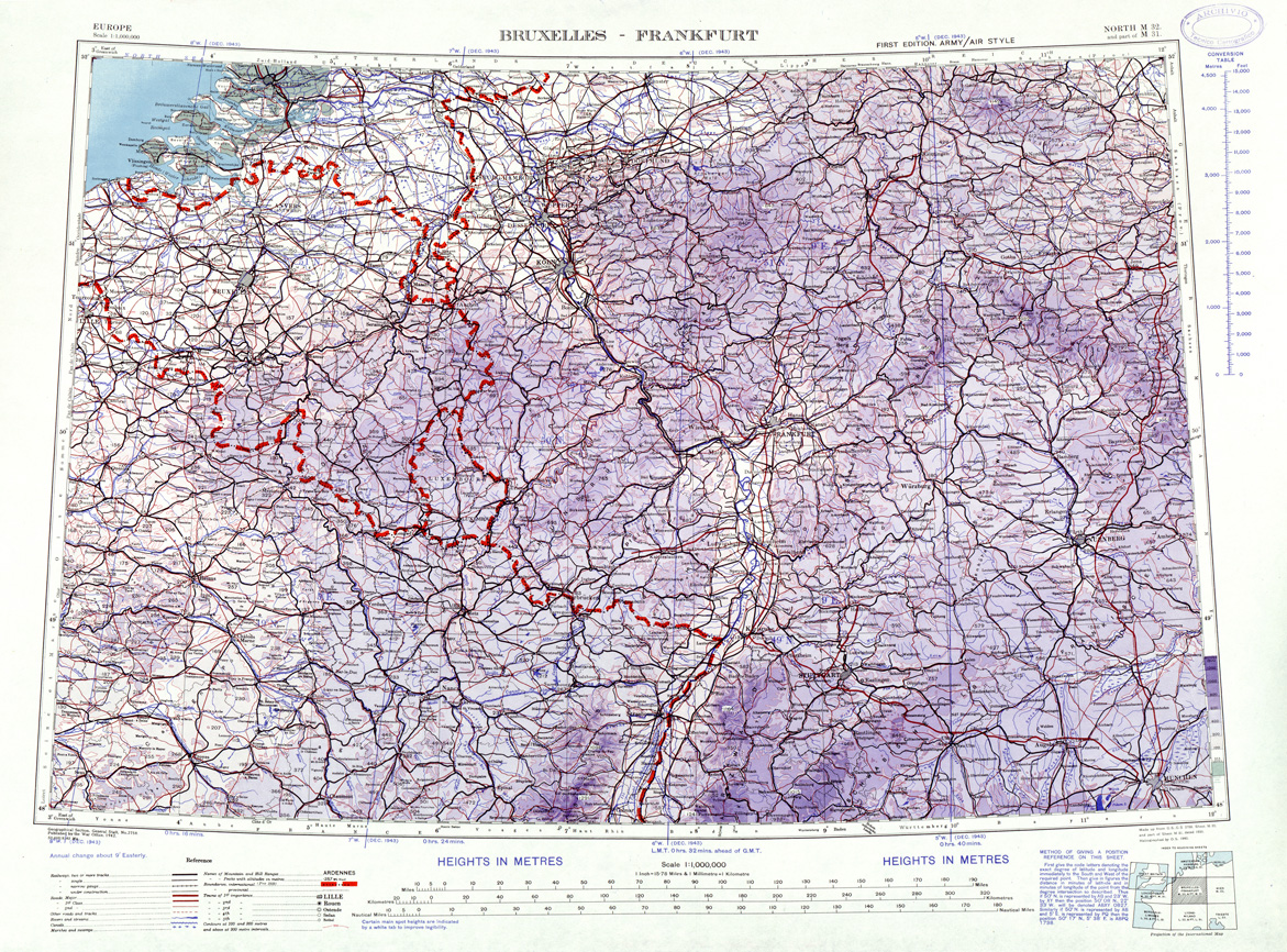 (N:33858) EUROPA CARTA AERONAUTICA INGLESE FOGLIO NORTH M 32 E M 31 BRUXELLES FRANKFURT 
 (SE008228) Carte e stampe antiche: riproduzione a colori su carta (formato A1)