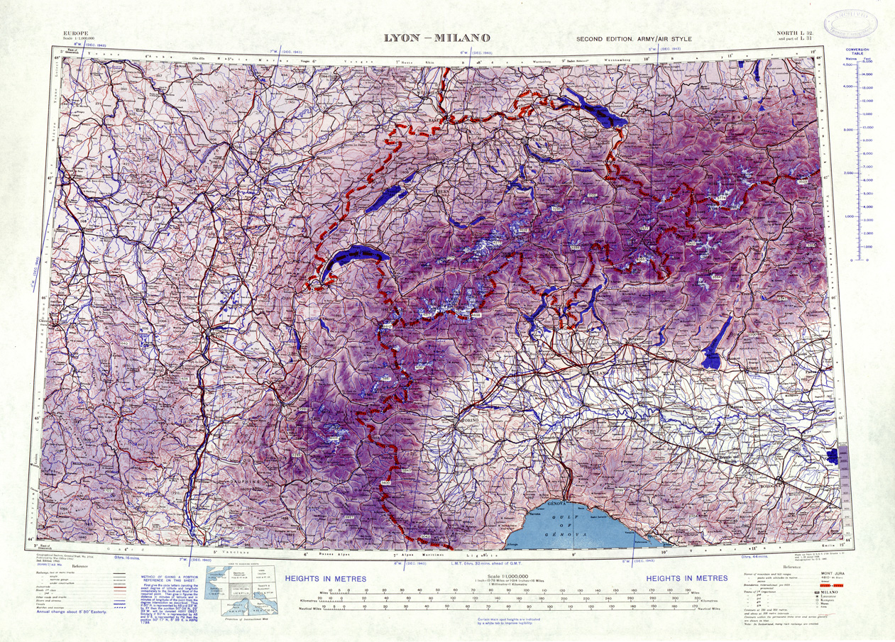 (N:33883) EUROPA CARTA AERONAUTICA INGLESE FOGLIO NORTH L32 E L 31  LYON MILANO
 (SE008233) Carte e stampe antiche: riproduzione a colori su carta (formato A1)