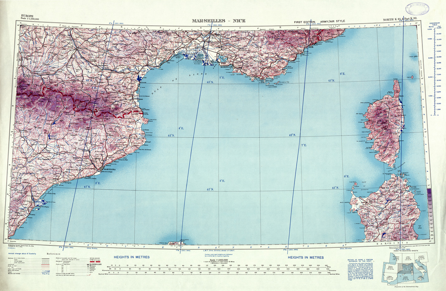 (N:33919) EUROPA CARTA AERONAUTICA INGLESE FOGLIO NORTH K 31 E K 32 MARSEILLES NICE 
 (SE008240) Carte e stampe antiche: riproduzione a colori su carta (formato A1)