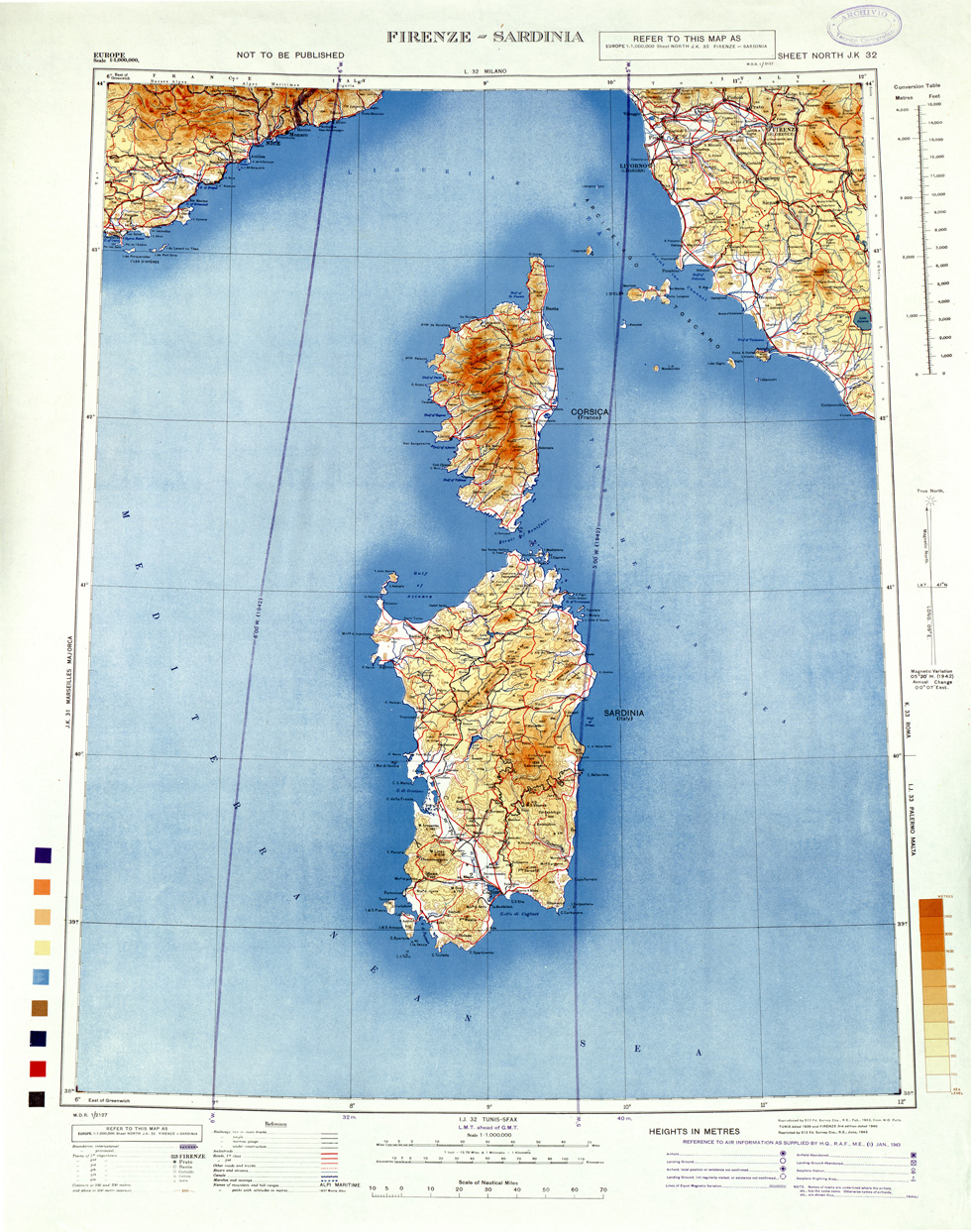 (N:33920) EUROPA CARTA AERONAUTICA INGLESE FOGLIO NORTH J K 32 FIRENZE SARDINIA
 (SE008241) Carte e stampe antiche: riproduzione a colori su carta (formato A1)