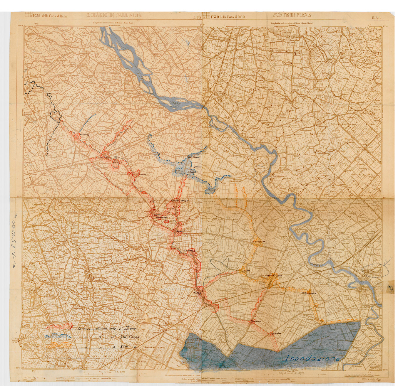 (N:34868) CARTA RISULTANTE DALL'UNIONE DI PIU' FOGLI CON LE ZONE DI INONDAZIONE (SE008582) Carte e stampe antiche: riproduzione a colori su carta (formato A1)
