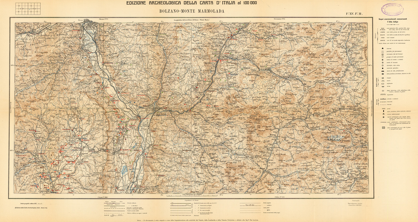 (N:35466) EDIZIONE ARCHEOLOGICA DELLA CARTA D'ITALIA FOGLIO 011 BOLZANO-MONTE MARMOLADA (SE008719) Carte e stampe antiche: riproduzione a colori su carta (formato A1)