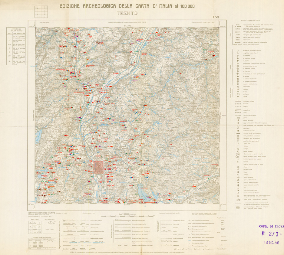 (N:35469) EDIZIONE ARCHEOLOGICA DELLA CARTA D'ITALIA FOGLIO 021 TRENTO (SE008722) Carte e stampe antiche: riproduzione a colori su carta (formato A1)