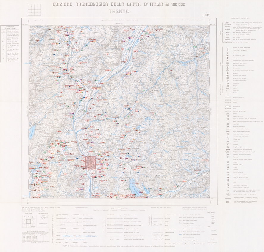 (N:35470) EDIZIONE ARCHEOLOGICA DELLA CARTA D'ITALIA FOGLIO 021 TRENTO (SE008723) Carte e stampe antiche: riproduzione a colori su carta (formato A1)