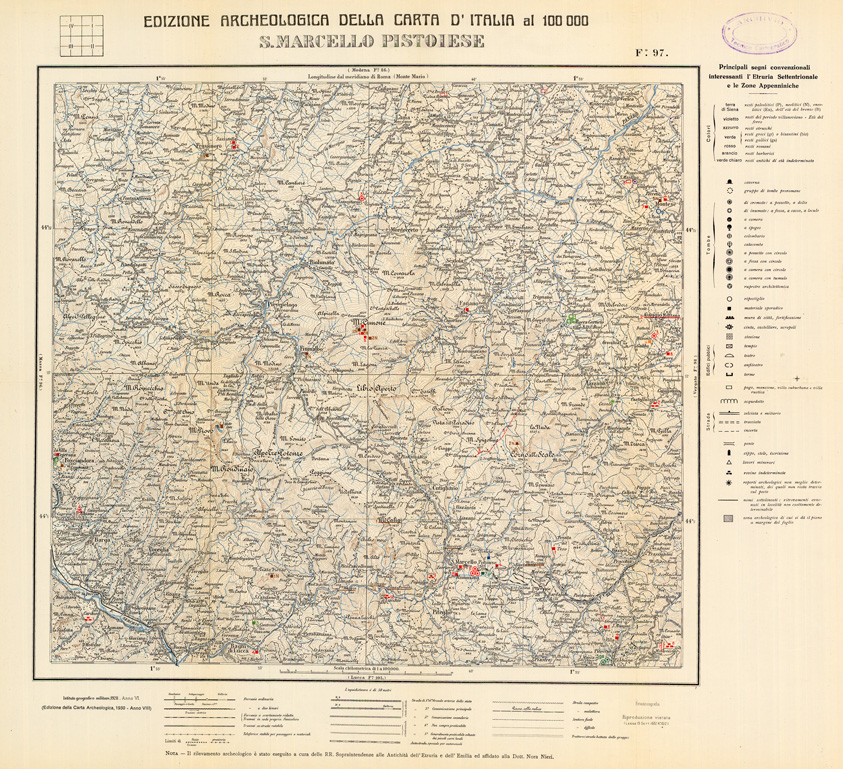 (N:35517) EDIZIONE ARCHEOLOGICA DELLA CARTA D'ITALIA FOGLIO 097 S. MARCELLO PISTOIESE (SE008762) Carte e stampe antiche: riproduzione a colori su carta (formato A1)