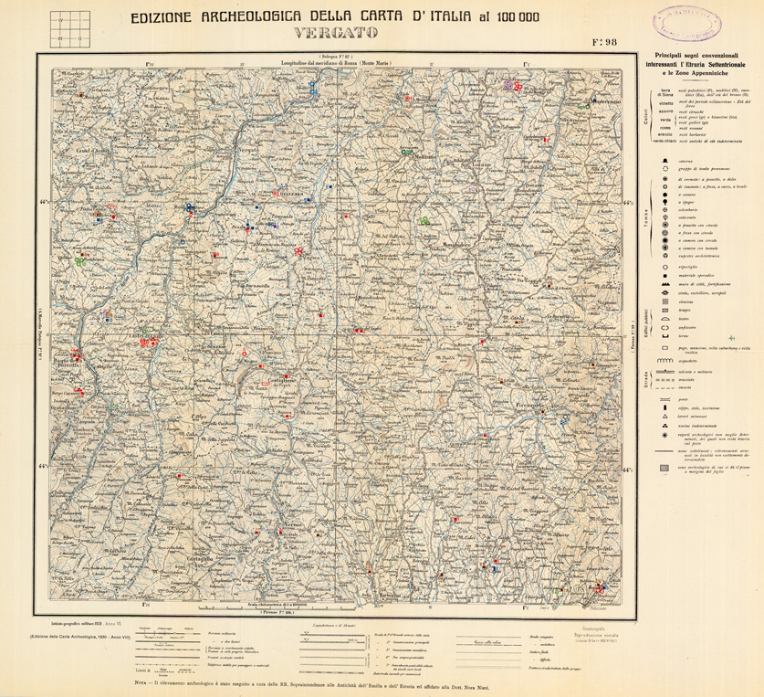 (N:35518) EDIZIONE ARCHEOLOGICA DELLA CARTA D'ITALIA FOGLIO 098 VERGATO (SE008763) Carte e stampe antiche: riproduzione a colori su carta (formato A1)
