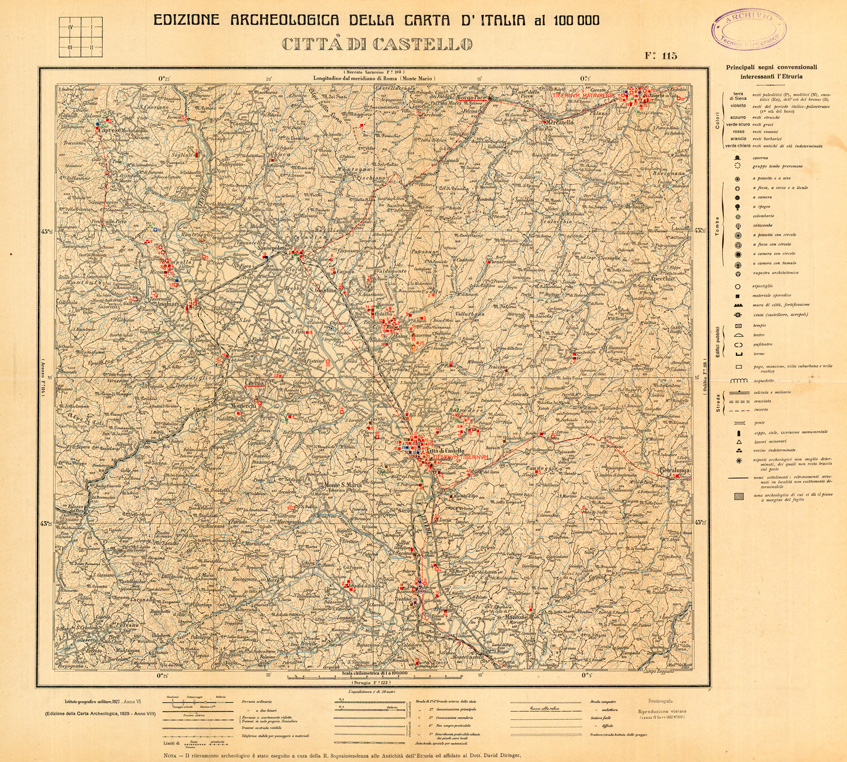 (N:35531) EDIZIONE ARCHEOLOGICA DELLA CARTA D'ITALIA FOGLIO 115 CITTA' DI CASTELLO (SE008776) Carte e stampe antiche: riproduzione a colori su carta (formato A1)