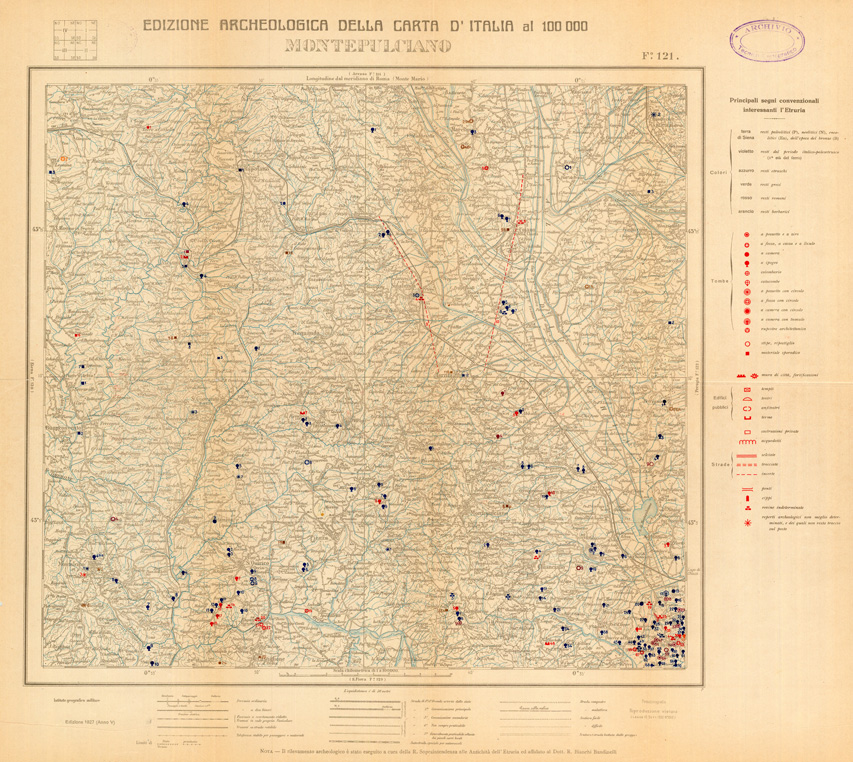 (N:35533) EDIZIONE ARCHEOLOGICA DELLA CARTA D'ITALIA FOGLIO 121 MONTEPULCIANO (SE008778) Carte e stampe antiche: riproduzione a colori su carta (formato A1)