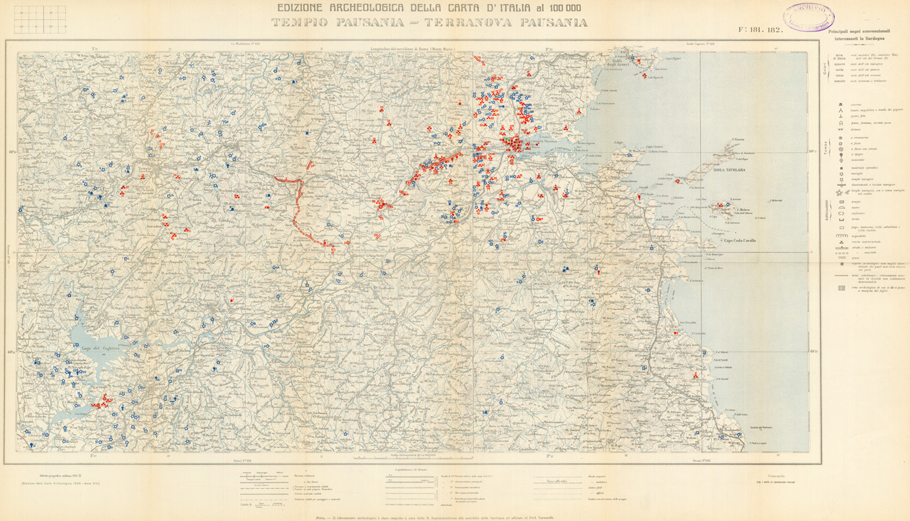 (N:35538) EDIZIONE ARCHEOLOGICA DELLA CARTA D'ITALIA FOGLI 181-182 TEMPIO PAUSANIA-TERRANOVA PAUSANIA (SE008783) Carte e stampe antiche: riproduzione a colori su carta (formato A1)