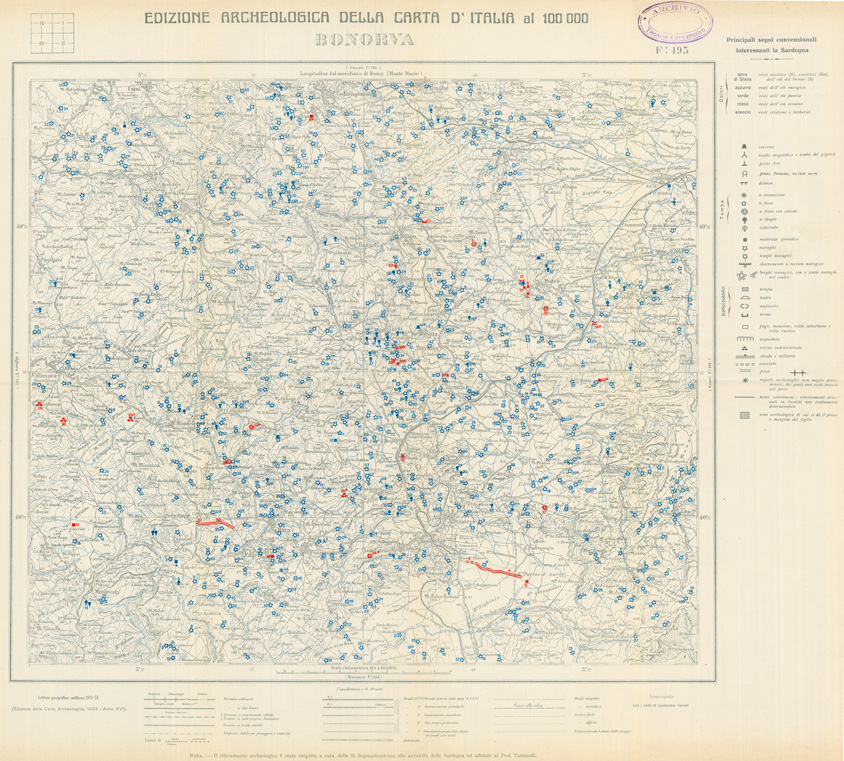 (N:35539) EDIZIONE ARCHEOLOGICA DELLA CARTA D'ITALIA FOGLIO 193 BONORVA (SE008784) Carte e stampe antiche: riproduzione a colori su carta (formato A1)