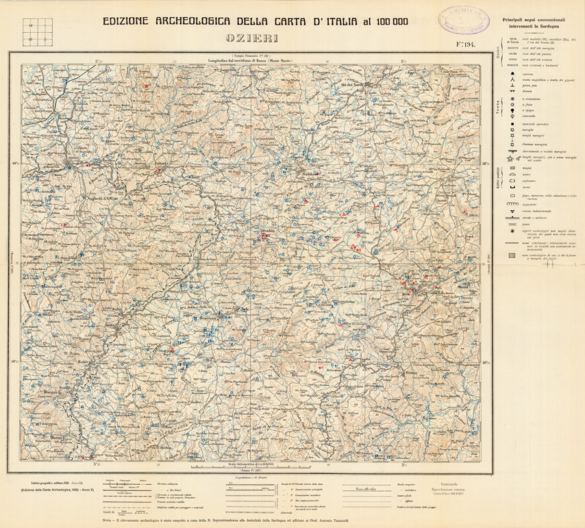 (N:35540) EDIZIONE ARCHEOLOGICA DELLA CARTA D'ITALIA FOGLIO 194 OZIERI (SE008785) Carte e stampe antiche: riproduzione a colori su carta (formato A1)
