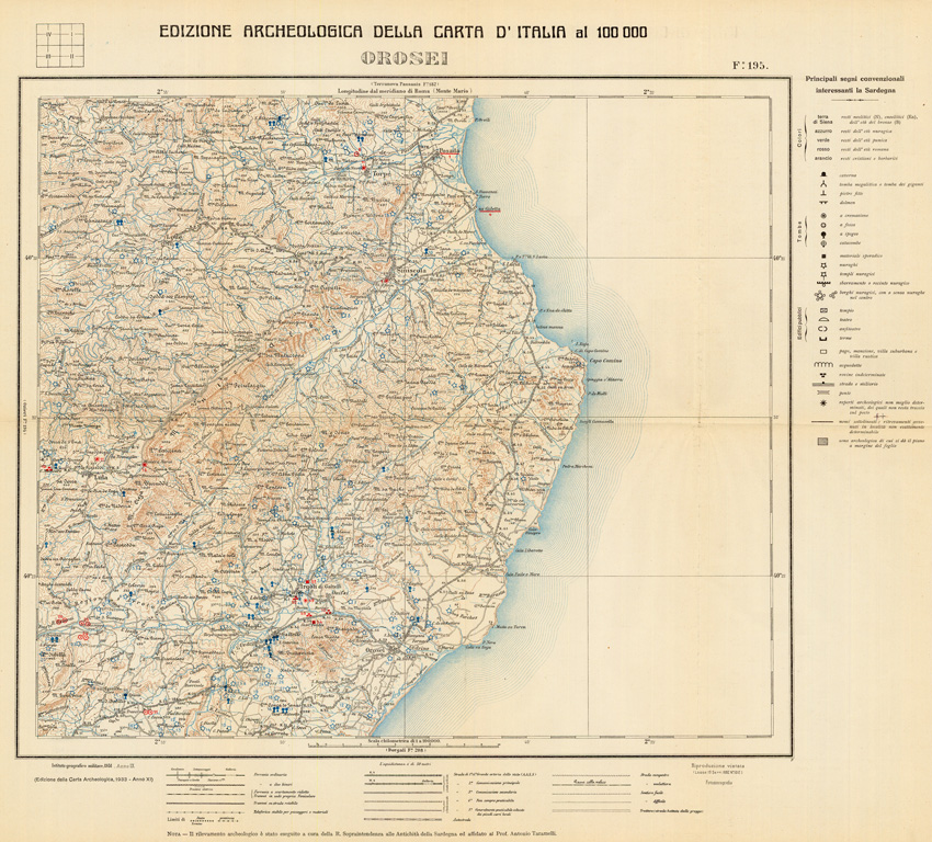 (N:35541) EDIZIONE ARCHEOLOGICA DELLA CARTA D'ITALIA FOGLIO 195 OROSEI (SE008786) Carte e stampe antiche: riproduzione a colori su carta (formato A1)