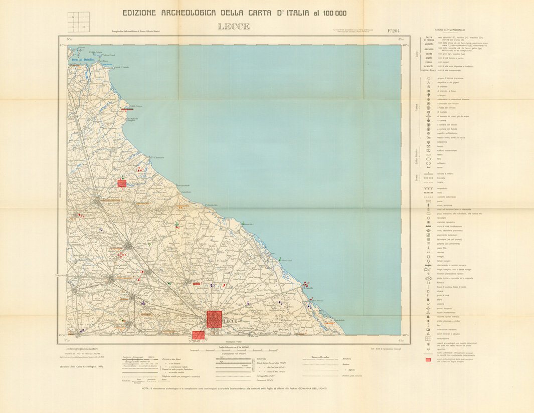 (N:35543) EDIZIONE ARCHEOLOGICA DELLA CARTA D'ITALIA FOGLIO 204 LECCE (SE008788) Carte e stampe antiche: riproduzione a colori su carta (formato A1)