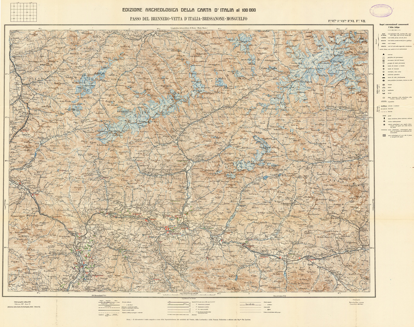(N:35551) EDIZIONE ARCHEOLOGICA DELLA CARTA D'ITALIA FOGLI BRESSANONE F. VI, PASSO DEL BRENNERO F. VIbis, MONGUELFO F. VII ,VETTA D'ITALIA F. VIIbis (SE008796) Carte e stampe antiche: riproduzione a colori su carta (formato A1)