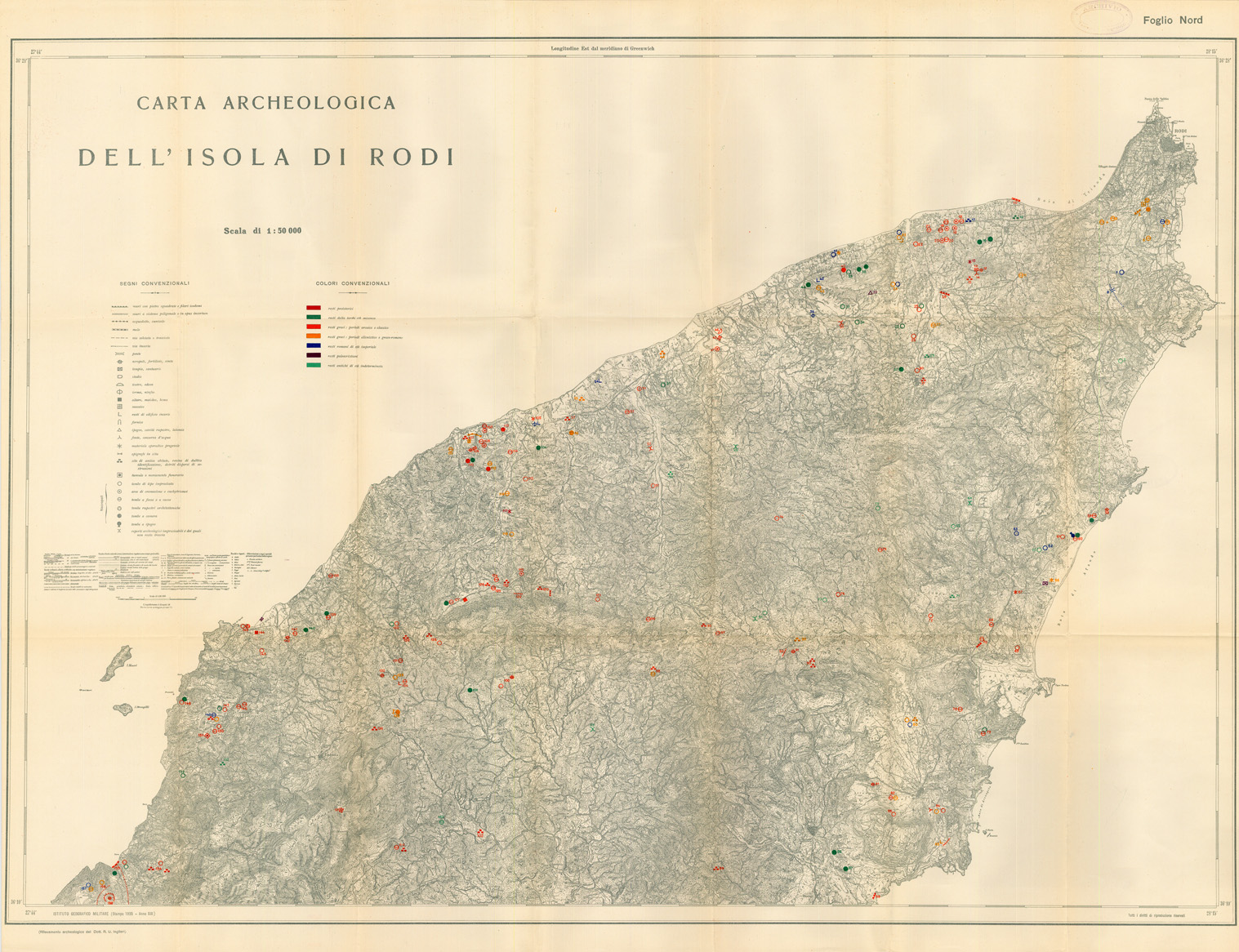 (N:35552) CARTA ARCHEOLOGICA DELL' ISOLA DI RODI FOGLIO NORD (SE008797) Carte e stampe antiche: riproduzione a colori su carta (formato A1)