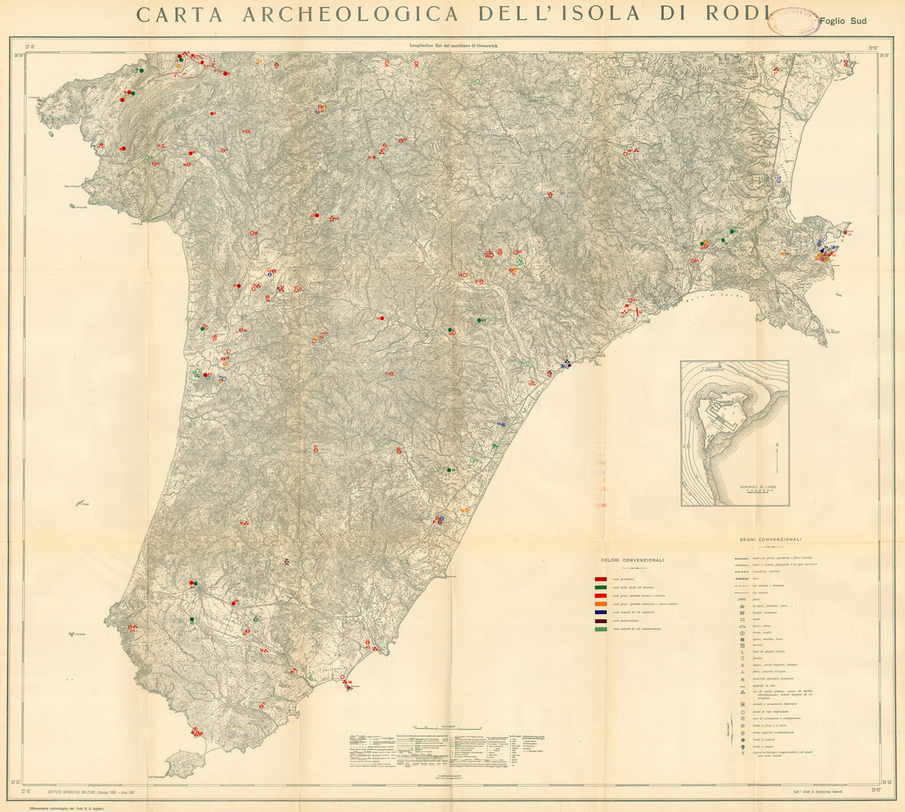 (N:35553) CARTA ARCHEOLOGICA DELL' ISOLA DI RODI FOGLIO SUD (SE008798) Carte e stampe antiche: riproduzione a colori su carta (formato A1)