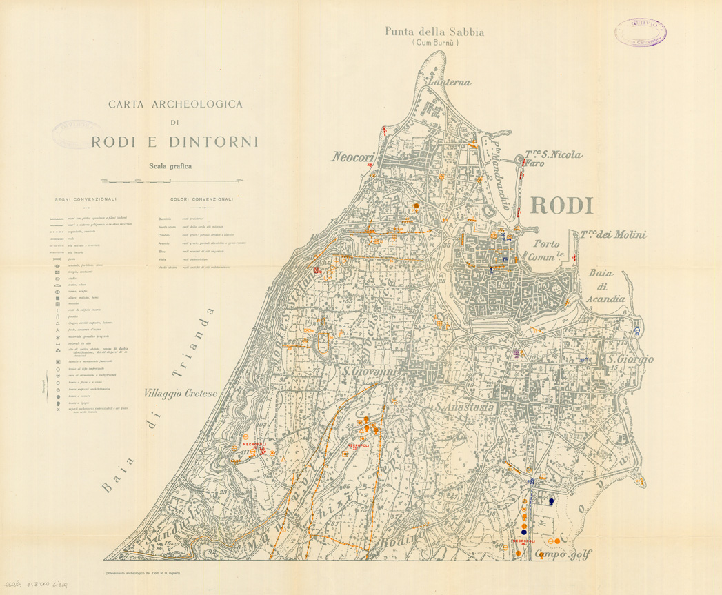 (N:35566) CARTA ARCHEOLOGICA DI RODI E DINTORNI (SE008811) Carte e stampe antiche: riproduzione a colori su carta (formato A1)