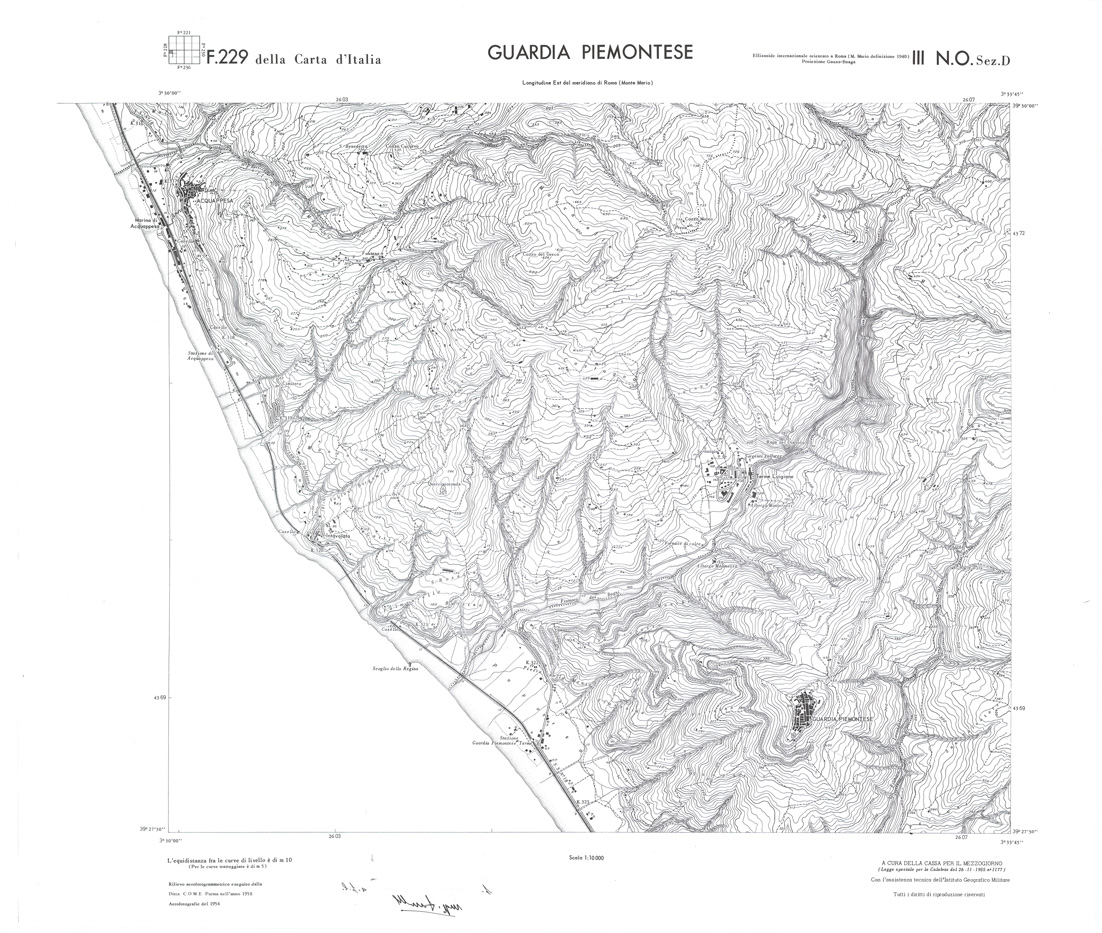 (N:36074) CALABRIA  FOGLIO 229 III NO SEZ D GUARDIA PIEMONTESE (SE008895) Carte e stampe antiche: riproduzione a colori su carta (formato A1)