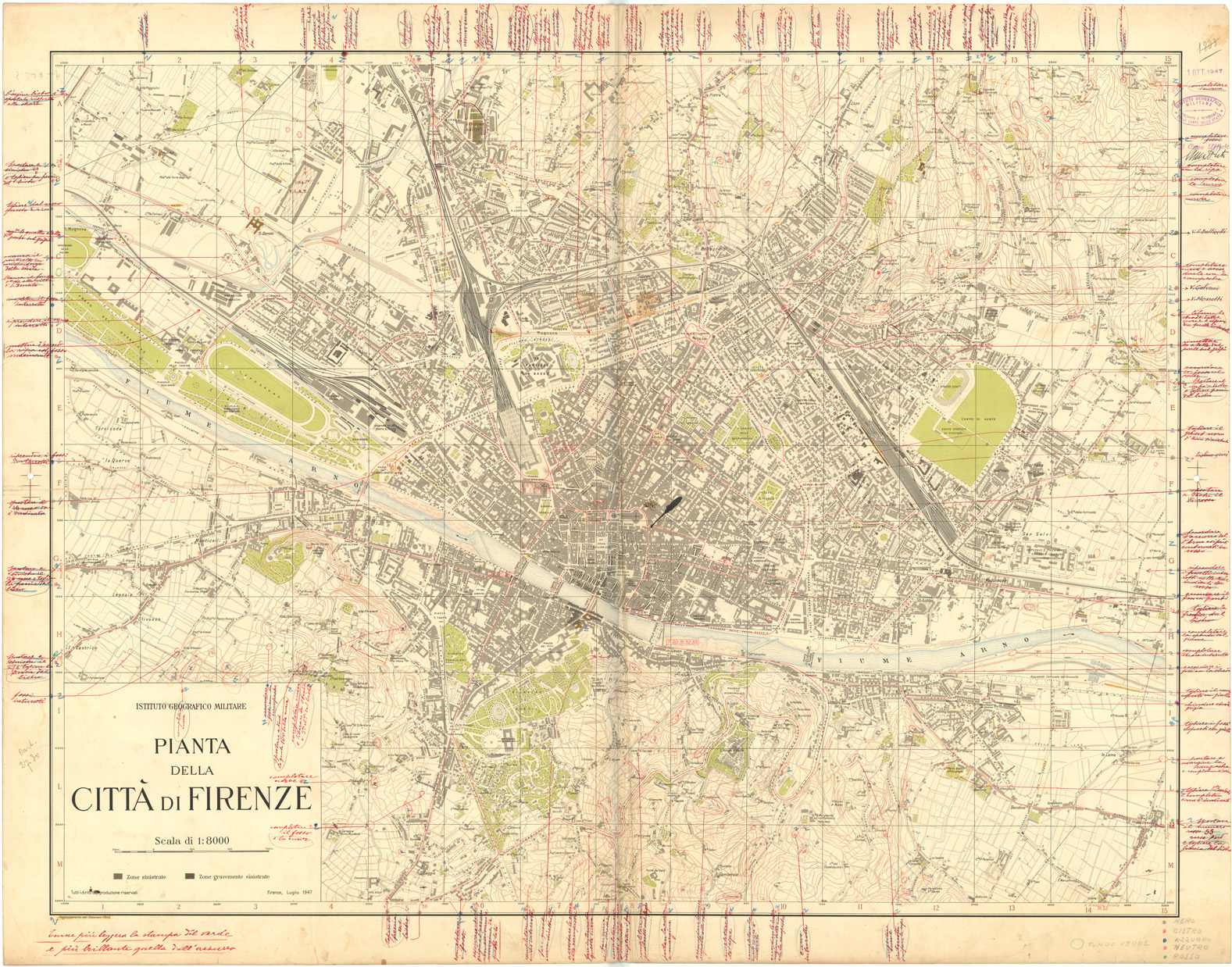 (N:36241) PIANTA DELLA CITTA' DI FIRENZE - EDIZIONE 1947
 (SE009491, SE009492, SE009493, SE009494) Carte e stampe antiche: riproduzione a colori su carta (formato A1)