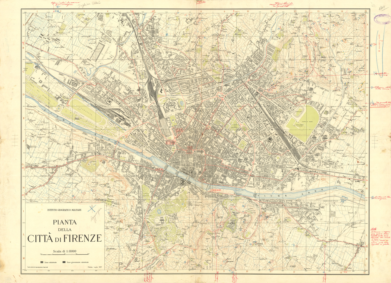 (N:36241) PIANTA DELLA CITTA' DI FIRENZE - EDIZIONE 1947
 (SE009491, SE009492, SE009493, SE009494) Carte e stampe antiche: riproduzione a colori su carta (formato A1)