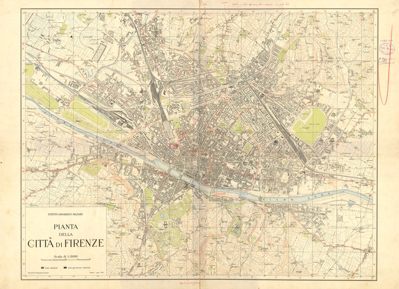 (N:36241) PIANTA DELLA CITTA' DI FIRENZE - EDIZIONE 1947
 (SE009491, SE009492, SE009493, SE009494) Carte e stampe antiche: riproduzione a colori su carta (formato A1)