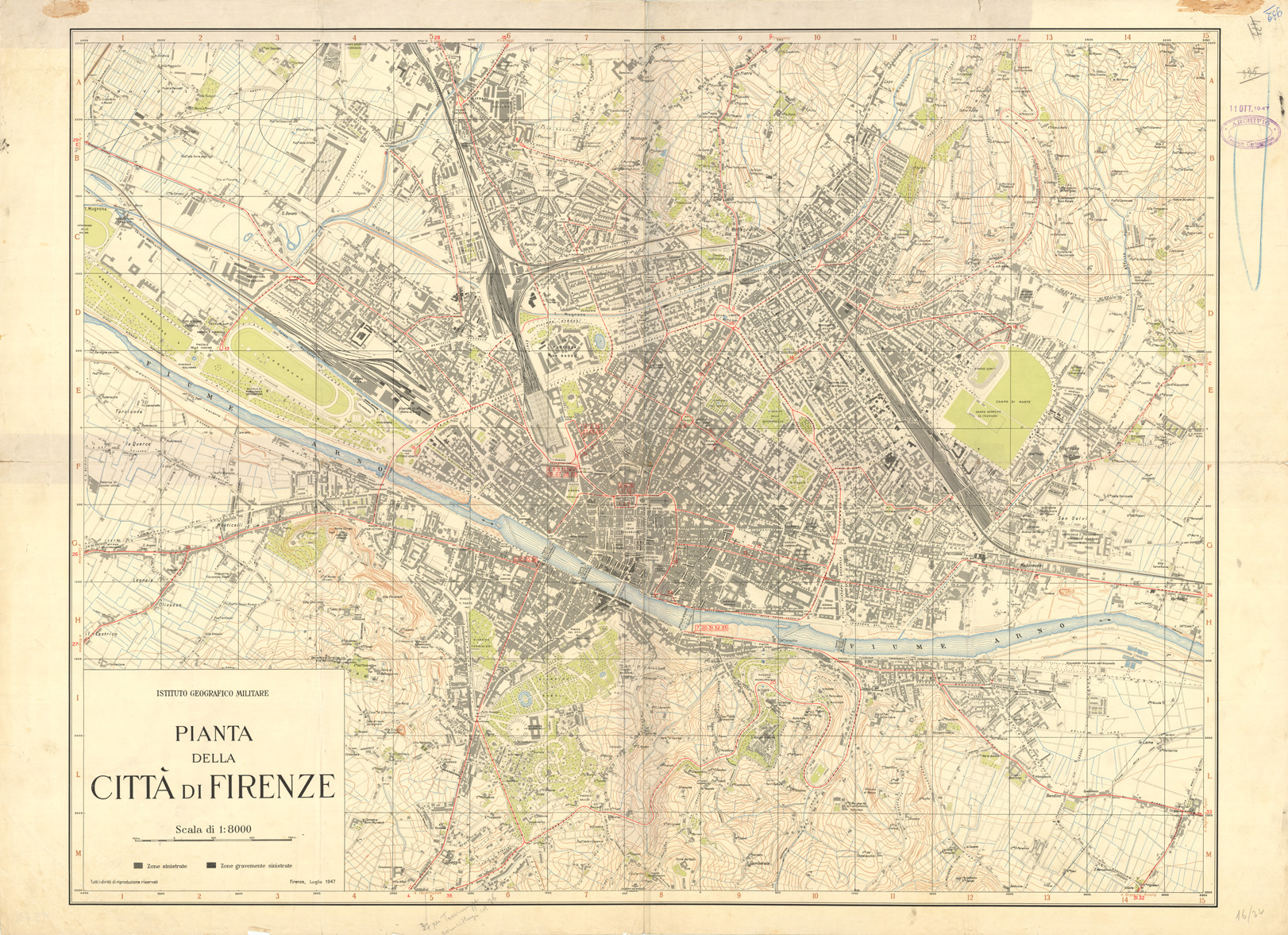 (N:36241) PIANTA DELLA CITTA' DI FIRENZE - EDIZIONE 1947
 (SE009491, SE009492, SE009493, SE009494) Carte e stampe antiche: riproduzione a colori su carta (formato A1)