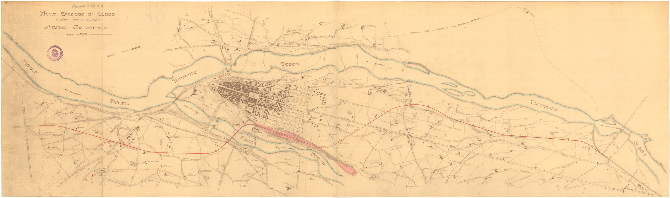 (N:36344) NUOVA STAZIONE DI CUNEO E SUE LINEE D'ACCESSO - PIANO GENERALE (SE009506) Carte e stampe antiche: riproduzione a colori su carta (formato A1)