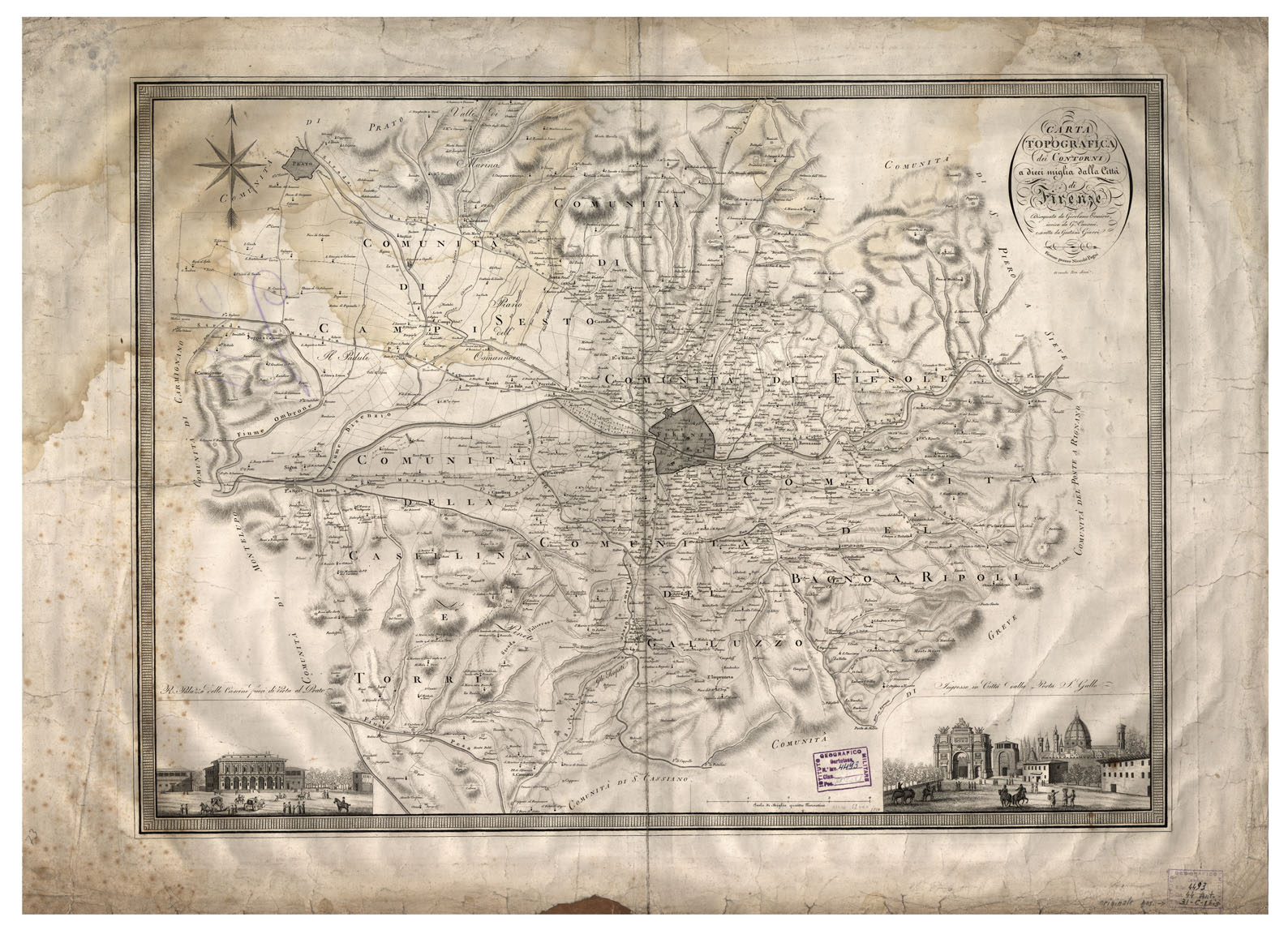 (N:6365) CARTA TOPOGRAFICA DEI CONTORNI A DIECI MIGLIA DELLA CITTA' DI FIRENZE - Disegnata da Girolamo Ermirio, incisa da G. Canacci, scritta da Gaetano Giarre'. Firenze presso Niccolo' Pagni. (B0000071) Carte e stampe antiche: riproduzione a colori su carta (formato A1)