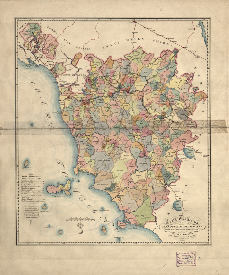 (N:5331) CARTA GEOMETRICA DEL GRANDUCATO DI TOSCANA DIVISA PER CIRCONDARJ COMUNITATIVI DA GASPERO MANETTI SULLA PROPORZIONE DI 1:510.000 1834 FIRENZE (B0000084) Carte e stampe antiche: riproduzione a colori su carta (formato A1)