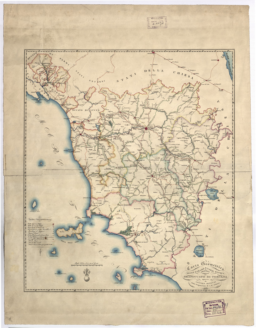 (N:5406) CARTA GEOMETRICA DELLE STRADE E CORSI D'ACQUA PRINCIPALI COMPRESI NEL GRANDUCATO DI TOSCANA REDATTA DA GASPERO MANETTI SULLA PROPORZIONE DI 1:510.000 - 1834 - FIRENZE  Collezione Fossombroni (B0000085) Carte e stampe antiche: riproduzione a colori su carta (formato A1)