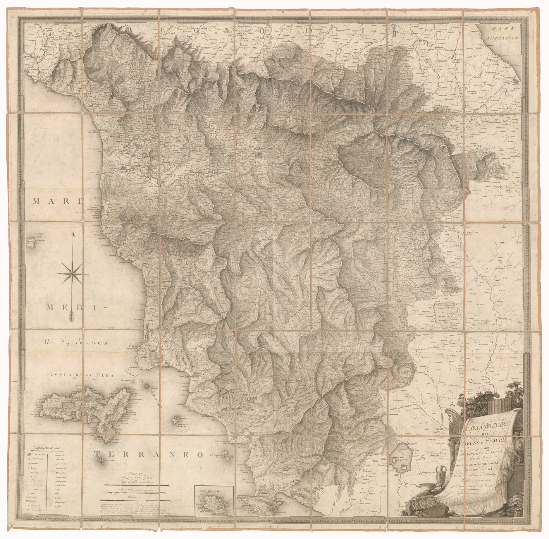 (N:5732) CARTA MILITARE DEL REGNO D'ETRURIA E DEL PRINCIPATO DI LUCCA FATTA PER ORDINE DI S. E. IL MINISTRO DELLA GUERRA DEL REGNO DITALIA, RIUNITA E DIS. DALLINCISORE G. BORDIGA PUBBLICATA LANNO 1806 DAL DEPOSITO GENERALE DELLA GUERRA -Toscana (B0000118) Carte e stampe antiche: riproduzione a colori su carta (formato A1)