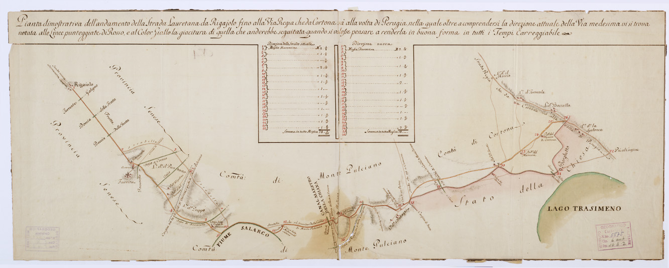 (N:13947) PIANTA DIMOSTRATIVA DELL'ANDAMENTO DELLA STRADA LAURENTANA DA RIGAIOLO FINO ALLA VIA REGIA CHE DA CORTONA VA ALLA VOLTA DI PERUGIA (B0000149) Carte e stampe antiche: riproduzione a colori su carta (formato A1)