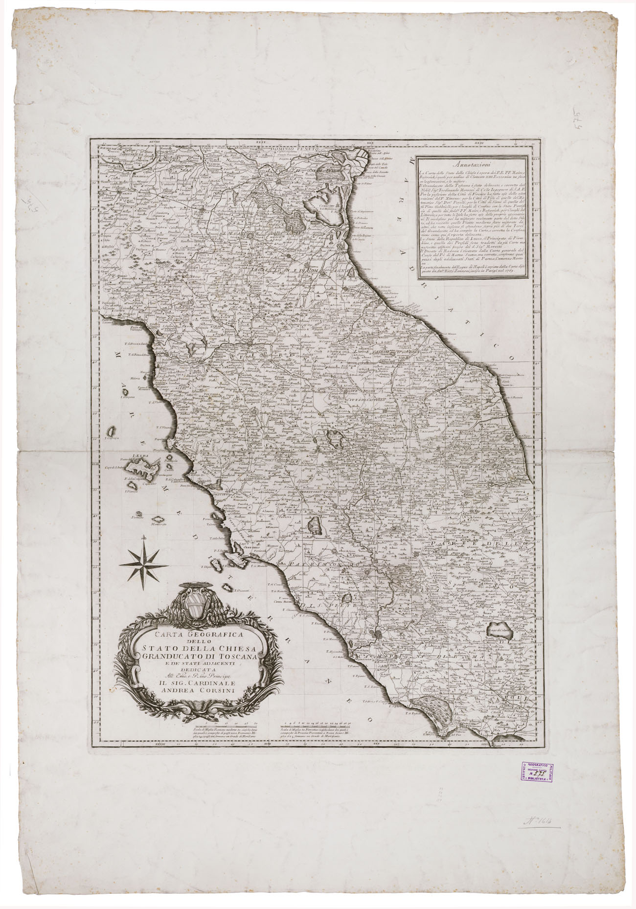 (N:5007) CARTA GEOGRAFICA DELLO STATO DELLA CHIESA E GRANDUCATO DI TOSCANA E DE' STATI ADIACENTI (B0000153) Carte e stampe antiche: riproduzione a colori su carta (formato A1)
