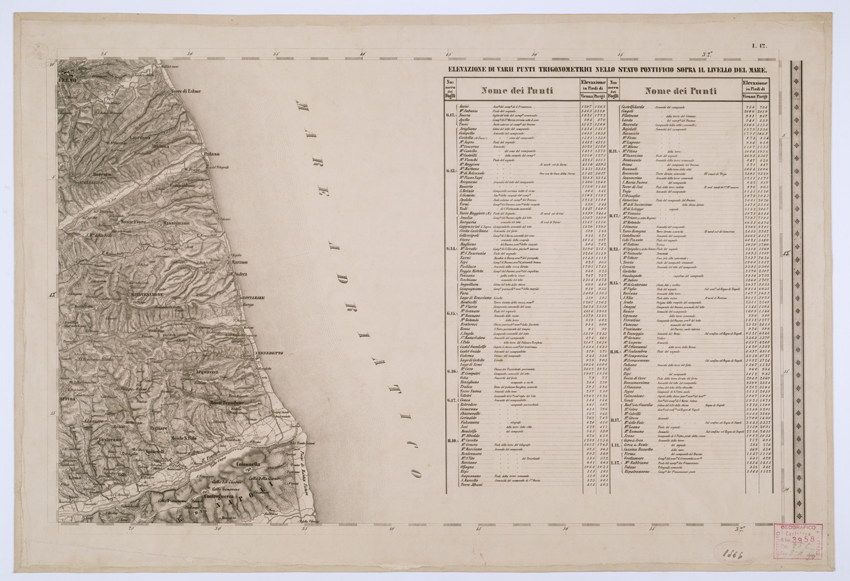 (N:8174) CARTA TOPOGRAFICA DELLO STATO PONTIFICIO E DEL GRAN-DUCATO DI TOSCANA - Tavola I. 12 - Punti trigonometrici (B0000207) Carte e stampe antiche: riproduzione a colori su carta (formato A1)