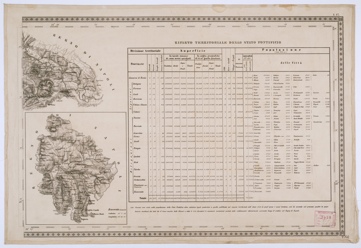 (N:8176) CARTA TOPOGRAFICA DELLO STATO PONTIFICIO E DEL GRAN-DUCATO DI TOSCANA - Tavola I. 17 (B0000233) Carte e stampe antiche: riproduzione a colori su carta (formato A1)