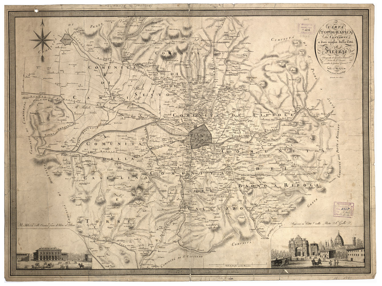 (N:6364) CARTA TOPOGRAFICA DEI CONTORNI A DIECI MIGLIA DELLA CITTA' DI FIRENZE - Disegnata da Girolamo Ermirio, incisa da G. Canacci, scritta da Gaetano Giarre'. Firenze presso Niccolo' Pagni. (B0000244) Carte e stampe antiche: riproduzione a colori su carta (formato A1)