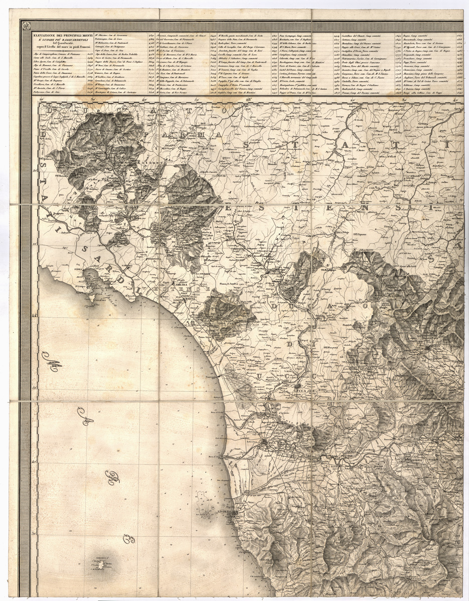 (N:5403) CARTA GEOMETRICA DELLA TOSCANA RICAVATA DAL VERO NELLA PROPORZIONE DI 1:200.000 E DEDICATA A S. A. I. E R. LEOPOLDO II PRINCIPE IMPER.LE D'AUSTRIA, ECC., DAL SUO OSSEQUIOSISSIMO SERVO, ECC., GIOVANNI INGHIRAMI - Coll. Pasqui n. 15 - Foglio 1 (B0000250) Carte e stampe antiche: riproduzione a colori su carta (formato A1)