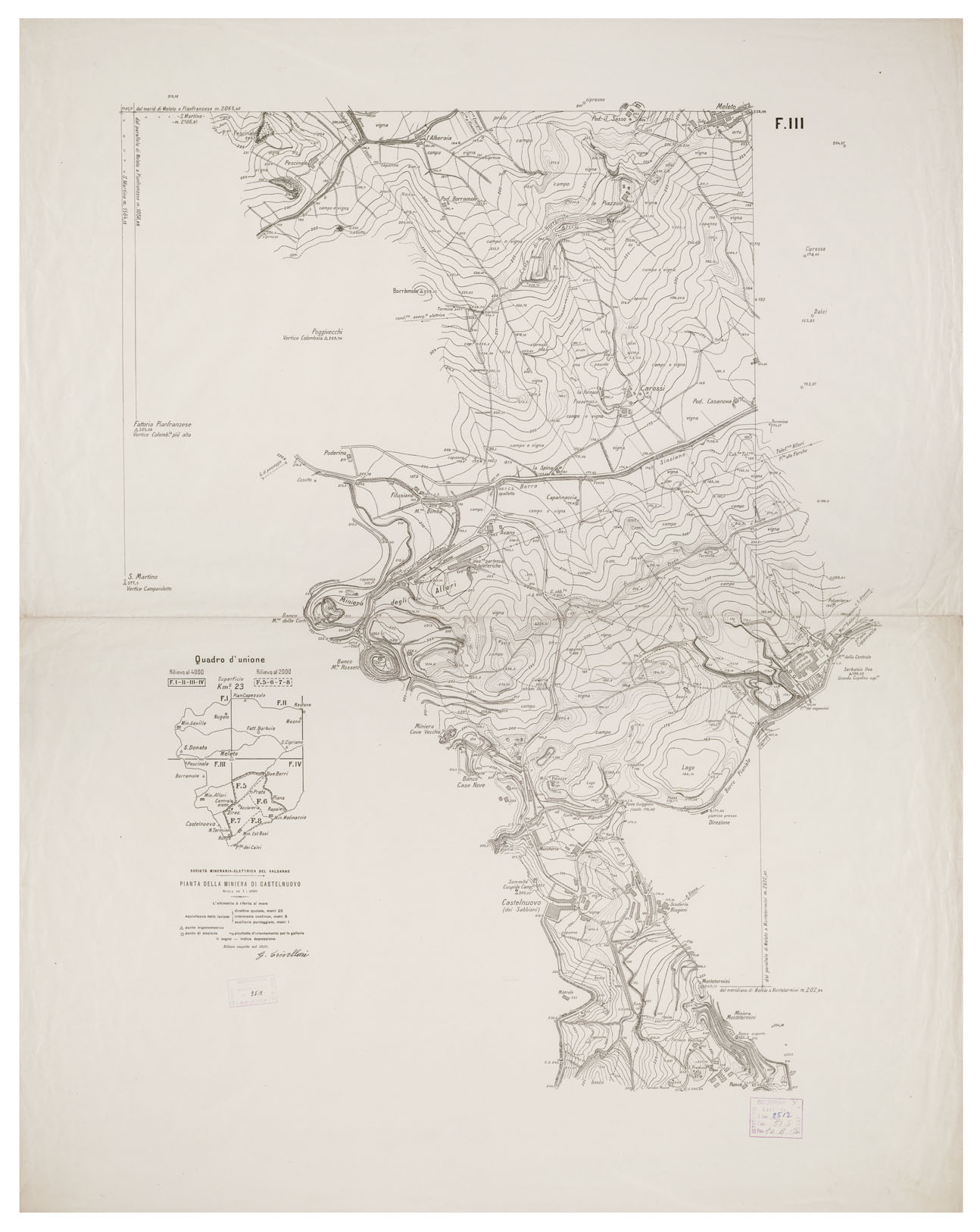(N:13828) PIANTA DELLA MINIERA DI CASTELNUOVO SOCIETA' ELETTRICA DEL VALDARNO. I.G.M. - Foglio III (B0000383) Carte e stampe antiche: riproduzione a colori su carta (formato A1)