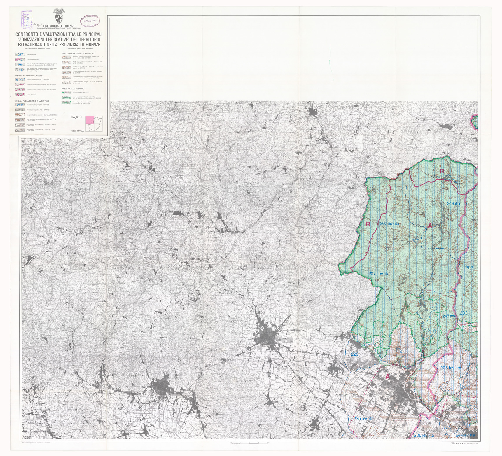 (N:9055) CONFRONTO E VALUTAZIONI TRA LE PRINCIPALI ZONIZZAZIONI LEGISLATIVE DEL TERRITORIO EXTRAURBANO NELLA PROVINCIA DI FIRENZE - Foglio 1 (B0000722) Carte e stampe antiche: riproduzione a colori su carta (formato A1)