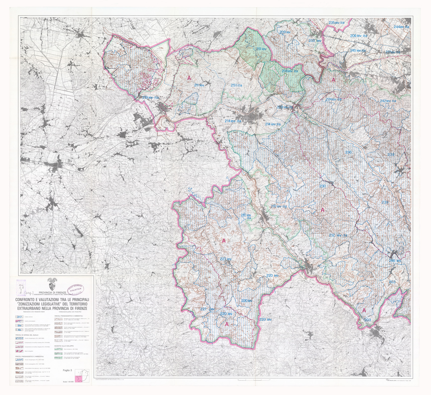 (N:9059) CONFRONTO E VALUTAZIONI TRA LE PRINCIPALI ZONIZZAZIONI LEGISLATIVE DEL TERRITORIO EXTRAURBANO NELLA PROVINCIA DI FIRENZE - Foglio 3 (B0000726) Carte e stampe antiche: riproduzione a colori su carta (formato A1)