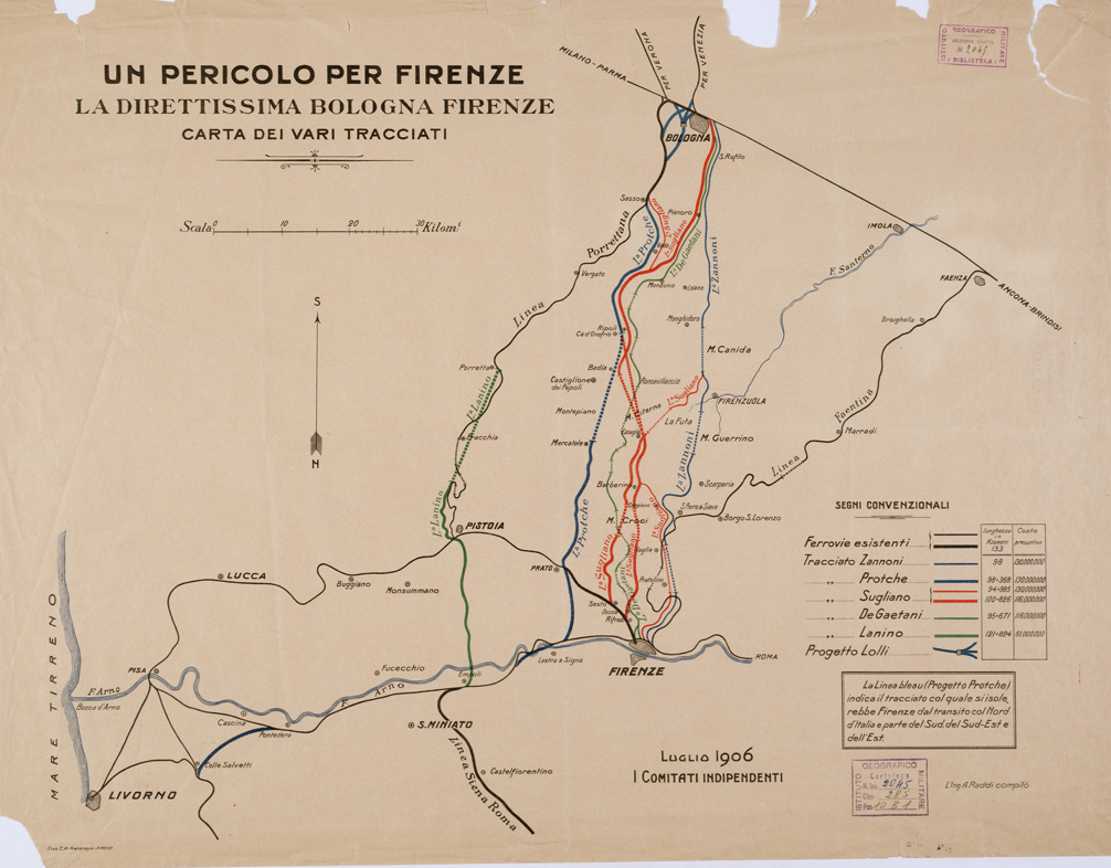 (N:11186) UN PERICOLO PER FIRENZE LA DIRETTISSIMA BOLOGNA - FIRENZE - CARTE DEI VARI TRACCIATI. (B0000752) Carte e stampe antiche: riproduzione a colori su carta (formato A1)