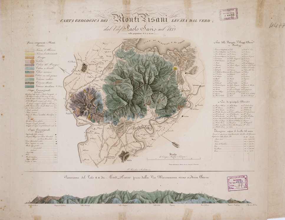 (N:5050) CARTA GEOLOGICA DEI MONTI PISANI .LEVATA DAL VERO DAL PROF. PAOLO SAVI NEL 1832 NELLA PROPORZIONE DI 1:80.000. (B0000848) Carte e stampe antiche: riproduzione a colori su carta (formato A1)