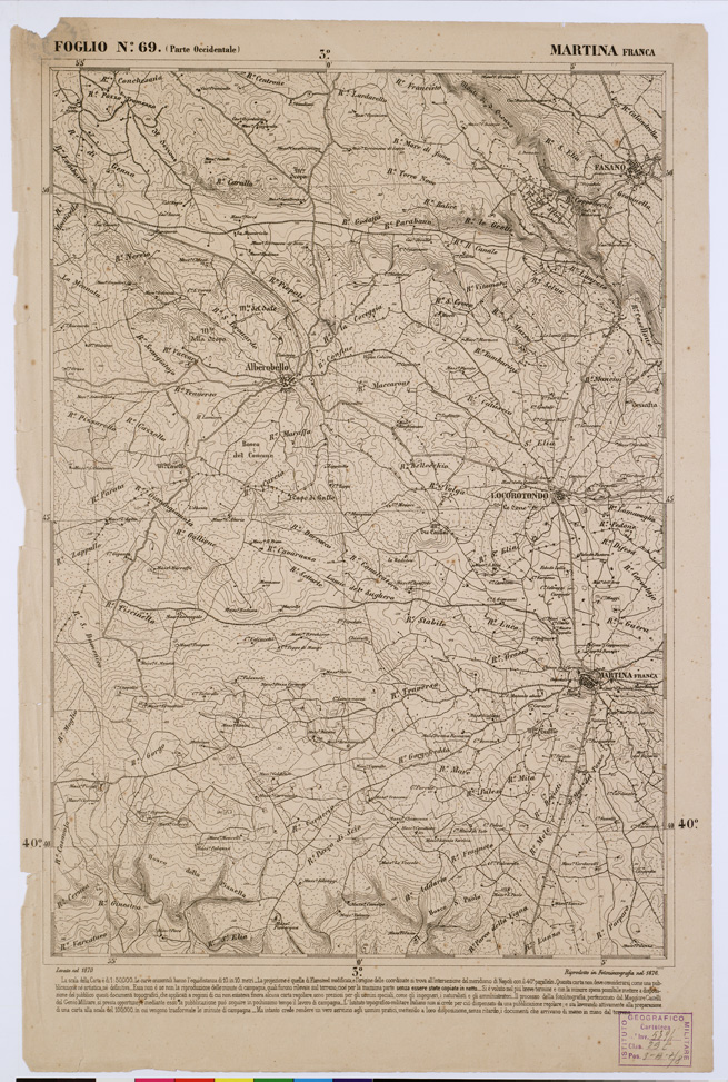 (N:2377) CARTA DELL' ITALIA MERIDIONALE EDITA DALL'ISTITUTO TOPOGRAFICO MILITARE ITALIANO - Foglio 69 parte occidentale - Martina Franca (B0001059) Carte e stampe antiche: riproduzione a colori su carta (formato A1)