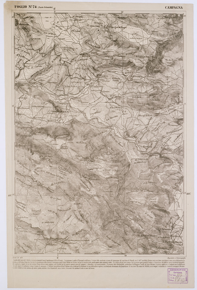 (N:2389) CARTA DELL' ITALIA MERIDIONALE EDITA DALL'ISTITUTO TOPOGRAFICO MILITARE ITALIANO - Foglio 74 parte orientale - Campagna (B0001069) Carte e stampe antiche: riproduzione a colori su carta (formato A1)