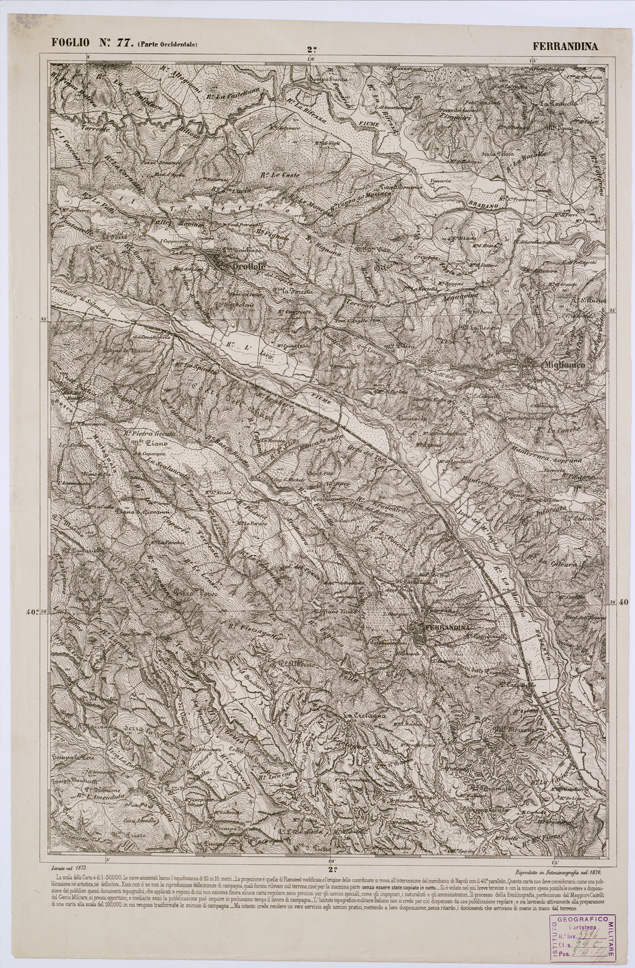 (N:2395) CARTA DELL' ITALIA MERIDIONALE EDITA DALL'ISTITUTO TOPOGRAFICO MILITARE ITALIANO - Foglio 77 parte occidentale - Ferrandina (B0001075) Carte e stampe antiche: riproduzione a colori su carta (formato A1)