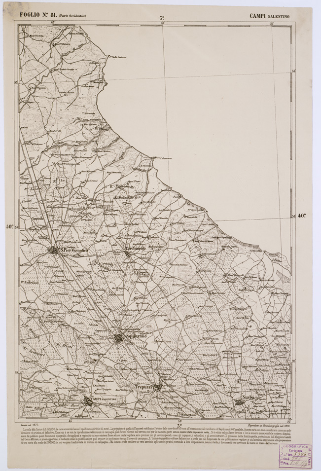 (N:2404) CARTA DELL' ITALIA MERIDIONALE EDITA DALL'ISTITUTO TOPOGRAFICO MILITARE ITALIANO - Foglio 81 parte occidentale - Campi Salentino (B0001083) Carte e stampe antiche: riproduzione a colori su carta (formato A1)
